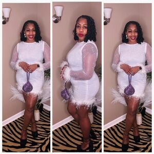 Chic White Feathered Long Sleeve Dress